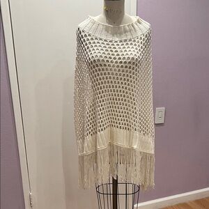 Cream Crochet Poncho with Fringe
